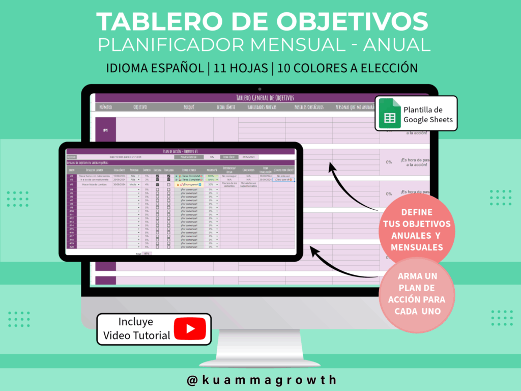 Planilla para Cumplir Objetivos de Kuamma Growth, herramienta visual para planificar, medir y cumplir metas personales y profesionales.
