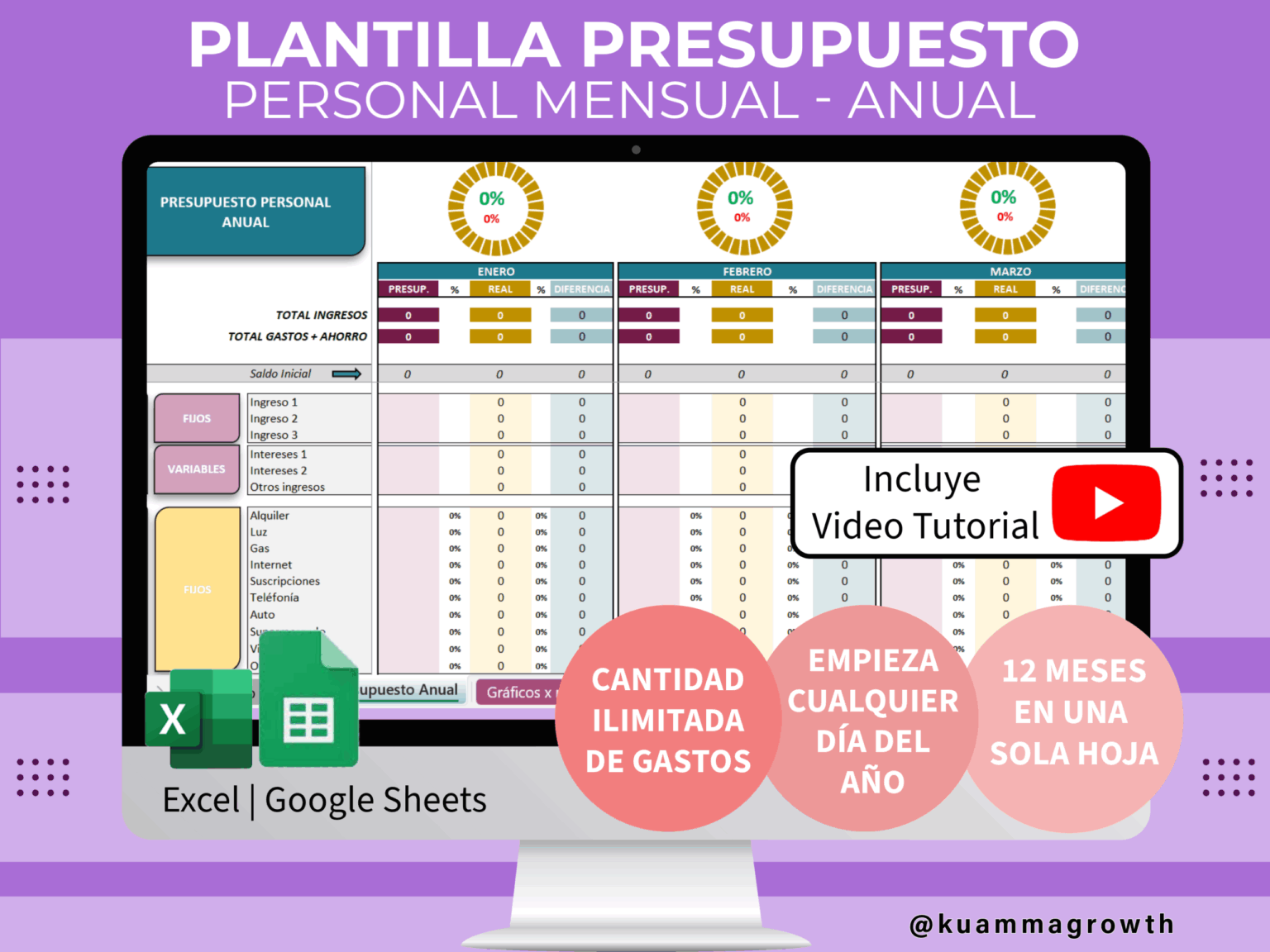 Planilla de Presupuesto Anual de Kuamma Growth. Creada en Excel y Google Sheets para organizar finanzas personales y controlar gastos mes a mes, sin tener deudas.